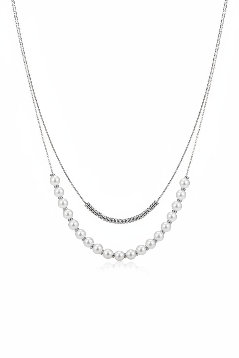 18K Gold Plated  Double Layers Stacked Pearls Collarbone Chain Drop Necklace