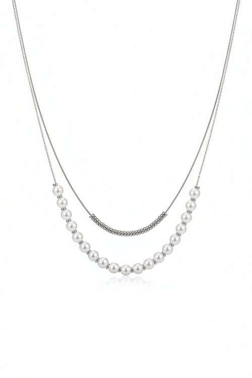 Load image 1 in gallery view. 18K Gold Plated  Double Layers Stacked Pearls Collarbone Chain Drop Necklace