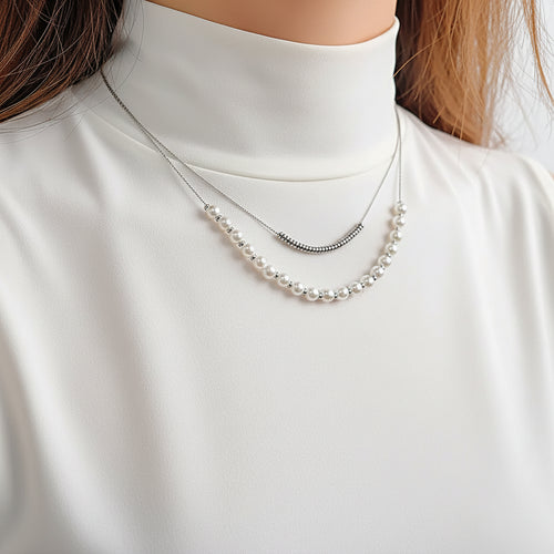 Load image 1 in gallery view. 18K Gold Plated  Double Layers Stacked Pearls Collarbone Chain Drop Necklace
