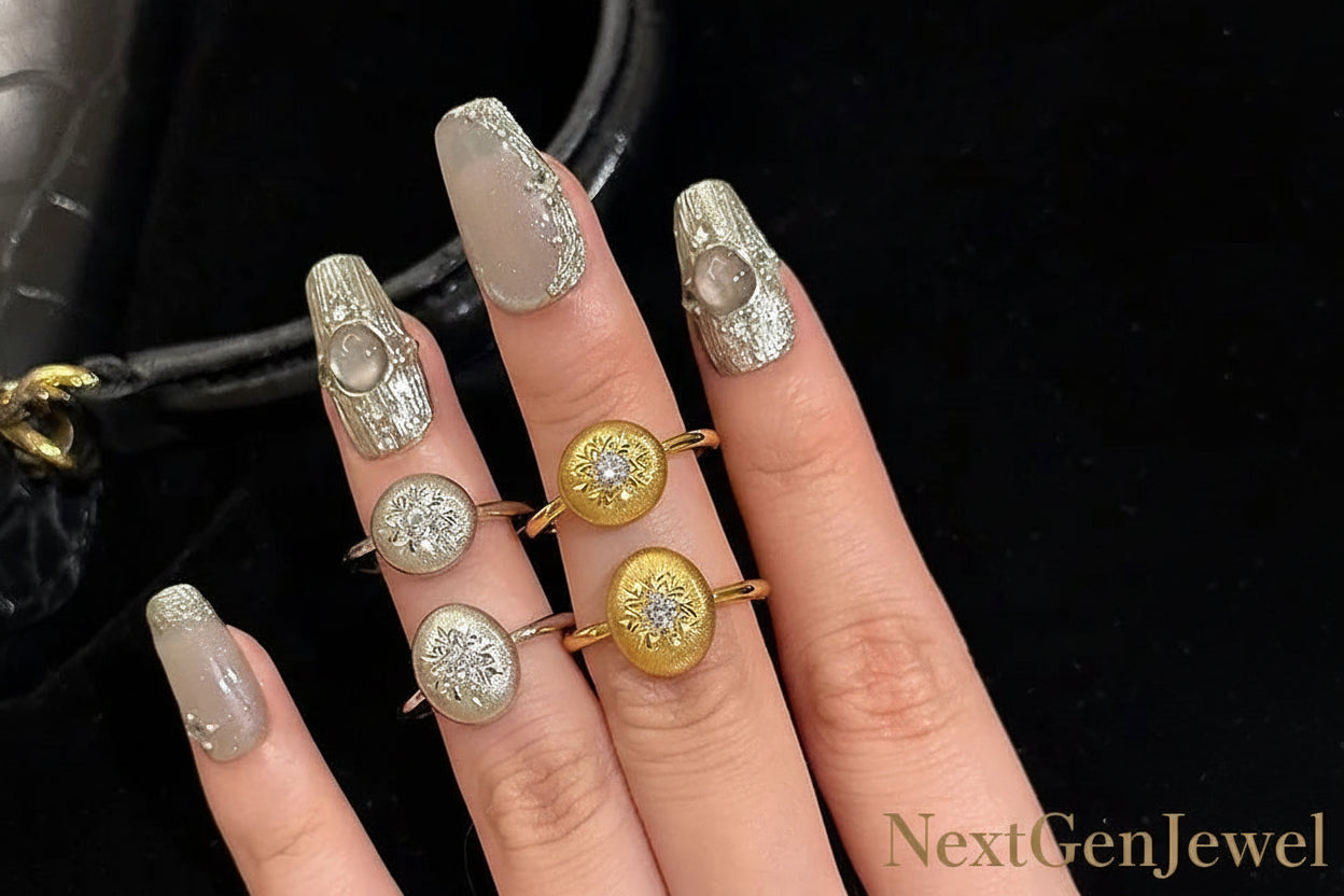 18K Gold Plated Luxury Gold Brushed Snowflake Zircon Ring | Elegant Women’s Jewelry