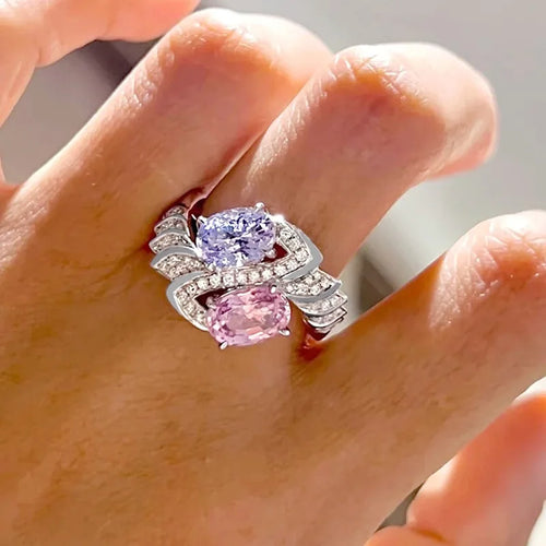 Load image 1 in gallery view. Oval Purple/Pink Crystal Zircon Rings Bridal Wedding Imitated Rhodium Plated CZ Rings for Women