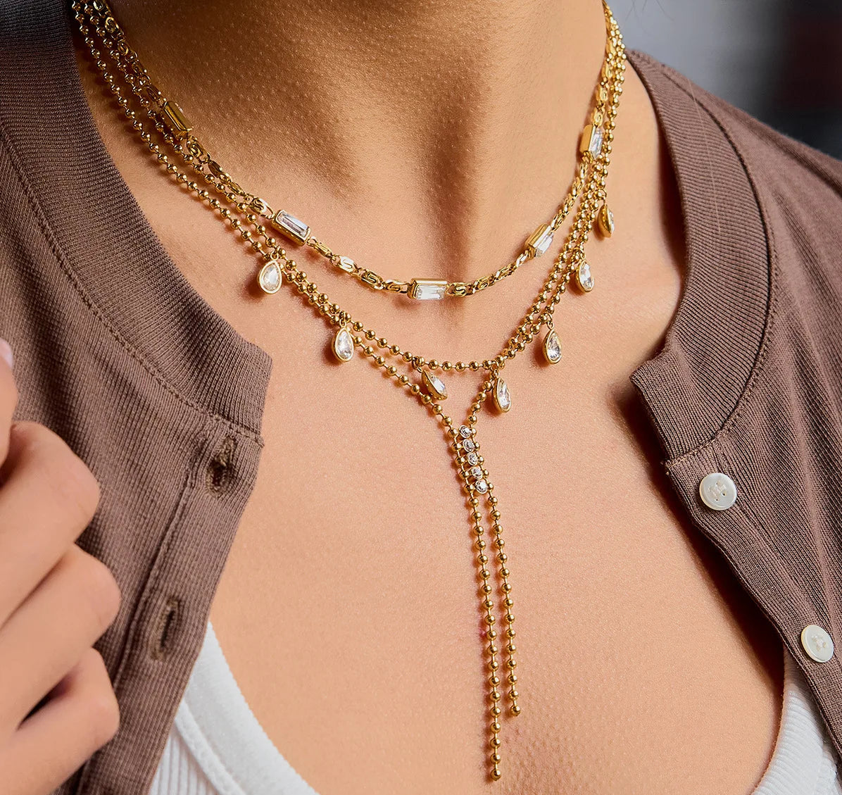 18k Gold Plated Stainless Steel Necklace with White Zircon Tassel Pendant