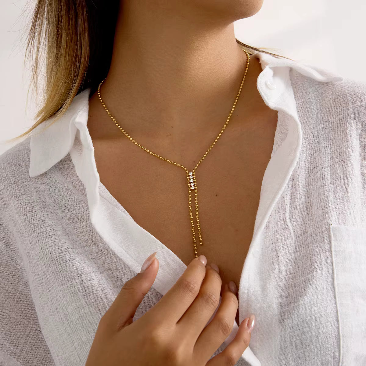 18k Gold Plated Necklace White Zircon Long Y Chain Necklace