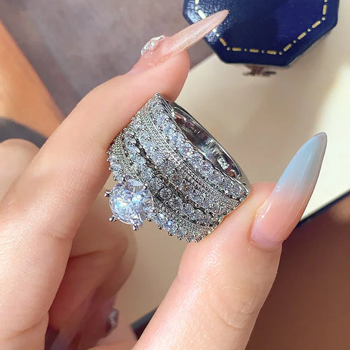 Load image 1 in gallery view. Platinum Plated Two-piece Ring with CZ for Wedding Gift