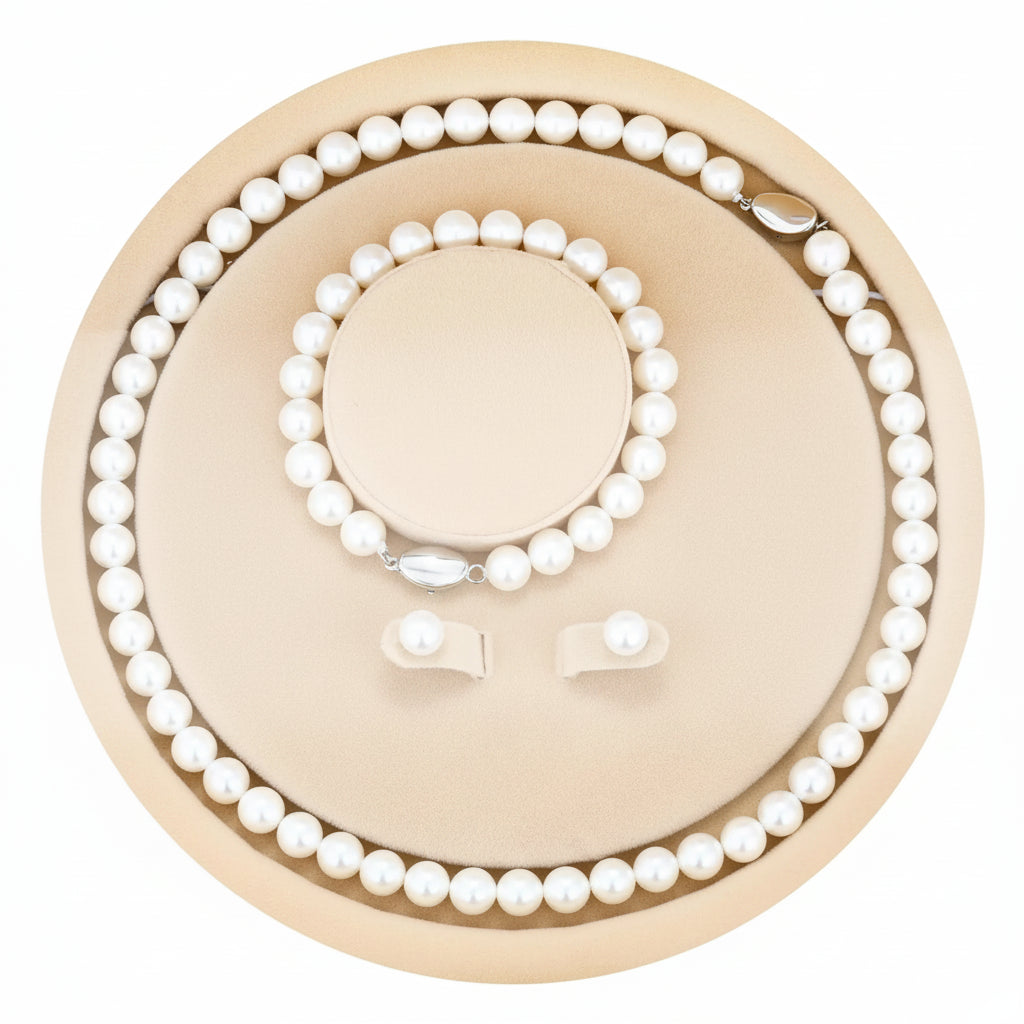 3-Pc. Set With Box Natural Shell Pearl Bracelet, Necklace, Stud Earrings for Party, Wedding, Anniversary, Engagement Gift for Woman