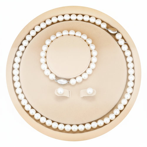 Load image 1 in gallery view. 3-Pc. Set With Box Natural Shell Pearl Bracelet, Necklace, Stud Earrings for Party, Wedding, Anniversary, Engagement Gift for Woman