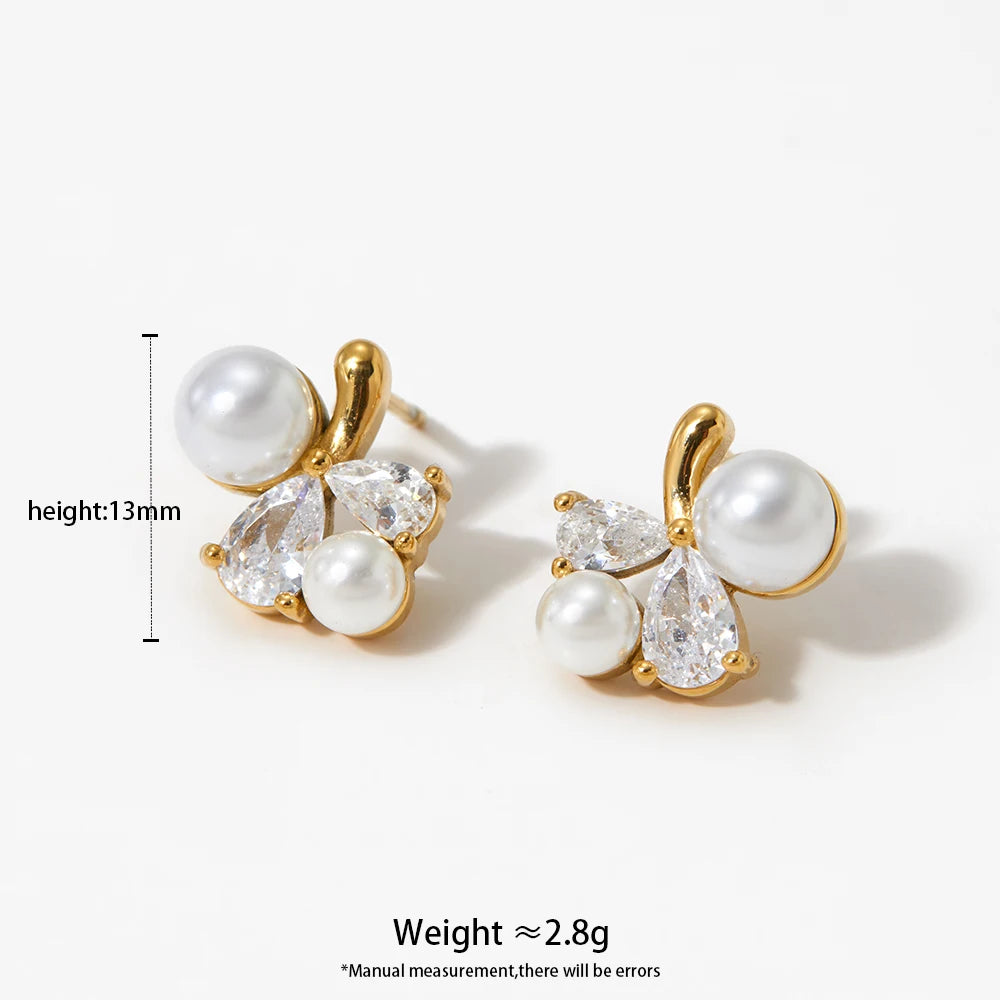 Gold and Silver Plated Pearl Zircon Minimalist Hypoallergenic Waterproof Stud Earrings