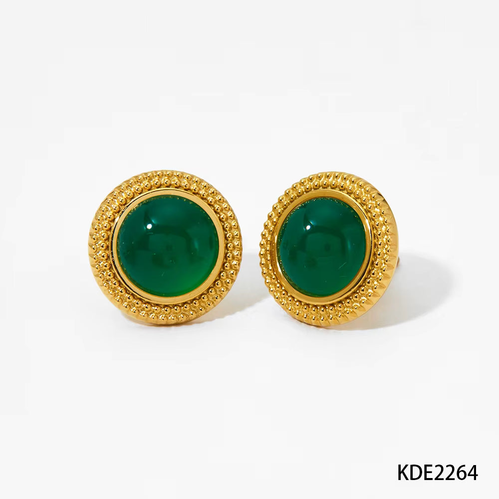 Gold Plated  Vintage Stud Earrings with Natural Stone Ball Design Waterproof