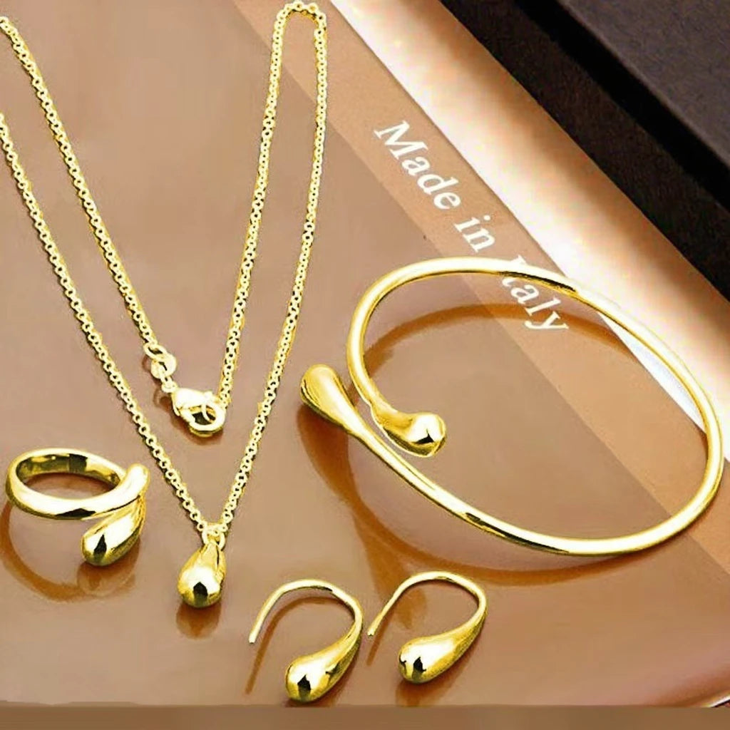 Gold Plated Water Drop Jewelry Set Adjustable Ring Necklace Bracelet Trendy For Women Wedding Engagement Anniversary