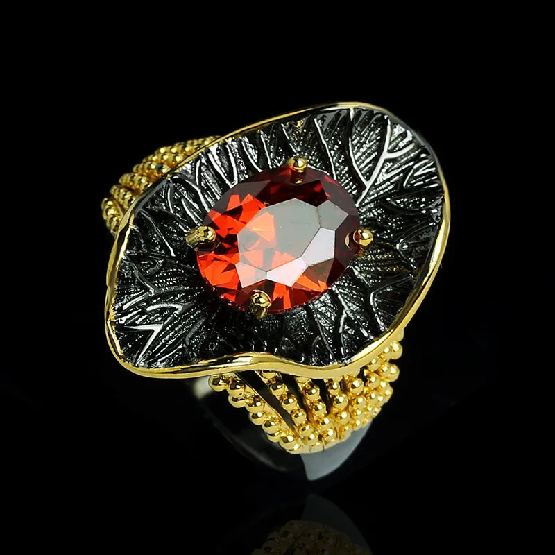 Vintage Court Style Oval Red Zirconia Antique Ring for Women