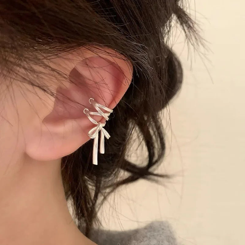 White Ribbon Ear Bone Clip Earrings