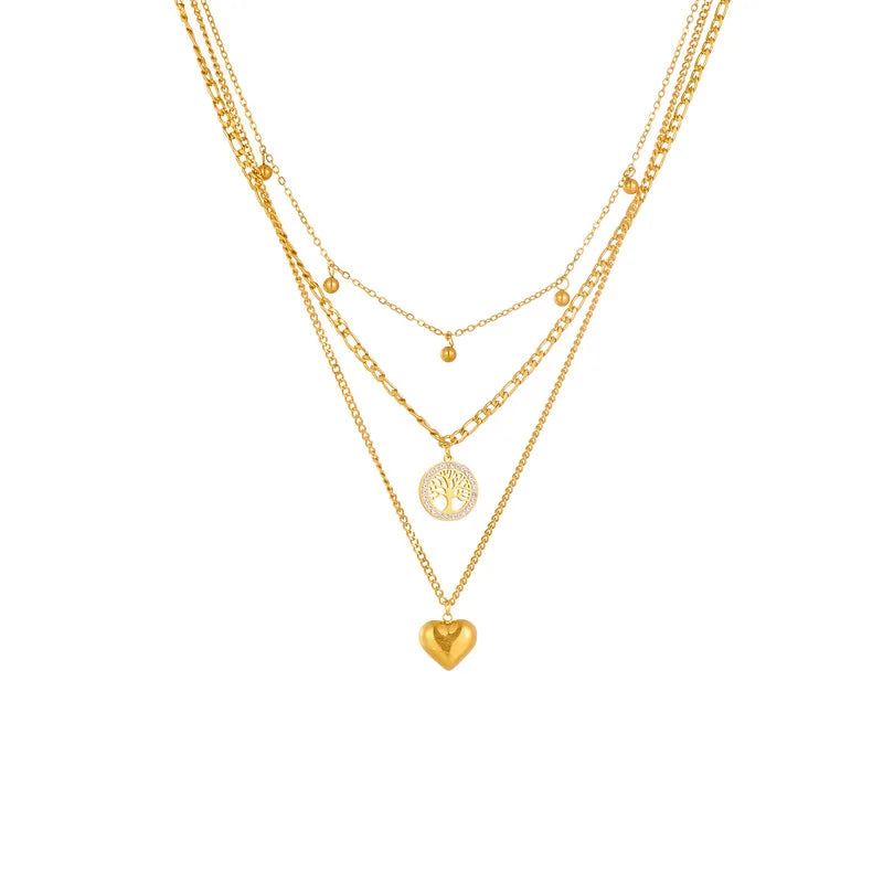 Gold Plated Round Sign Heart Tree of Life Pendant Multi-layer Necklace