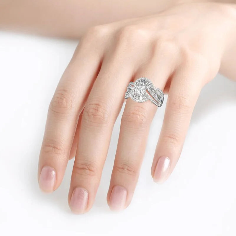Silver Plated Twist Design Brilliant Round Zircon Rings for Women Wedding Engagement