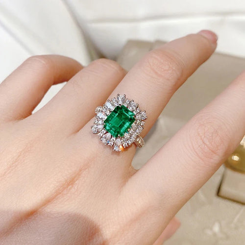 Load image 1 in gallery view. Silver Cubic Zirconia Flower Ring, Geometric Design Green & White Crystal Ring