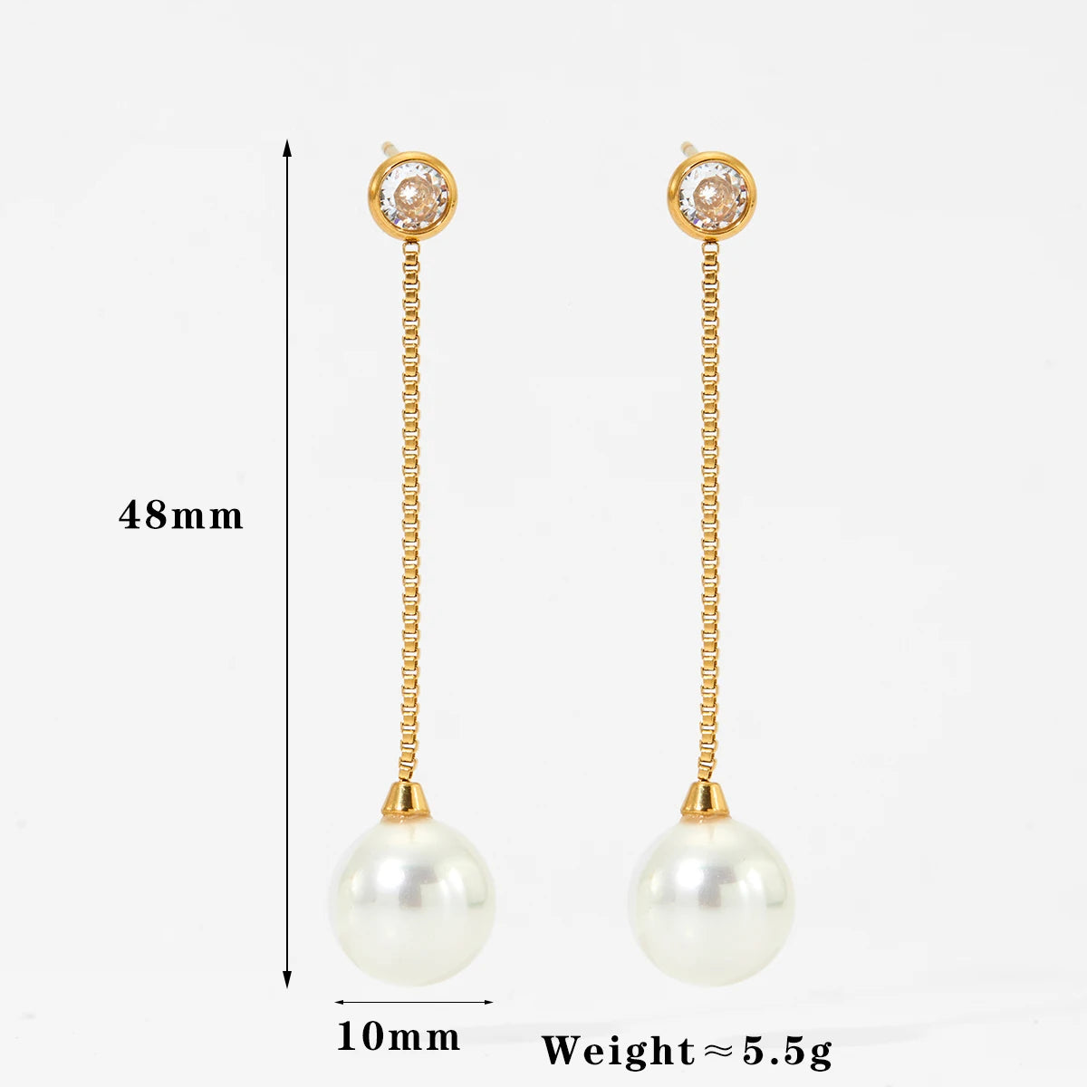 Gold and Silver Plated Pearl Zircon Drop Earrings Stainless Steel Waterproof Non-Tarnish Chain
