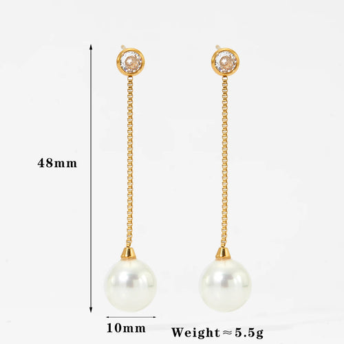 Load image 1 in gallery view. Gold and Silver Plated Pearl Zircon Drop Earrings Stainless Steel Waterproof Non-Tarnish Chain