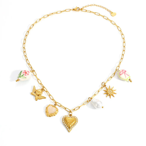 Load image 1 in gallery view. 18K Gold Plated Stainless Steel Flower Heart Baroque Charm Pendant  Drop Necklace