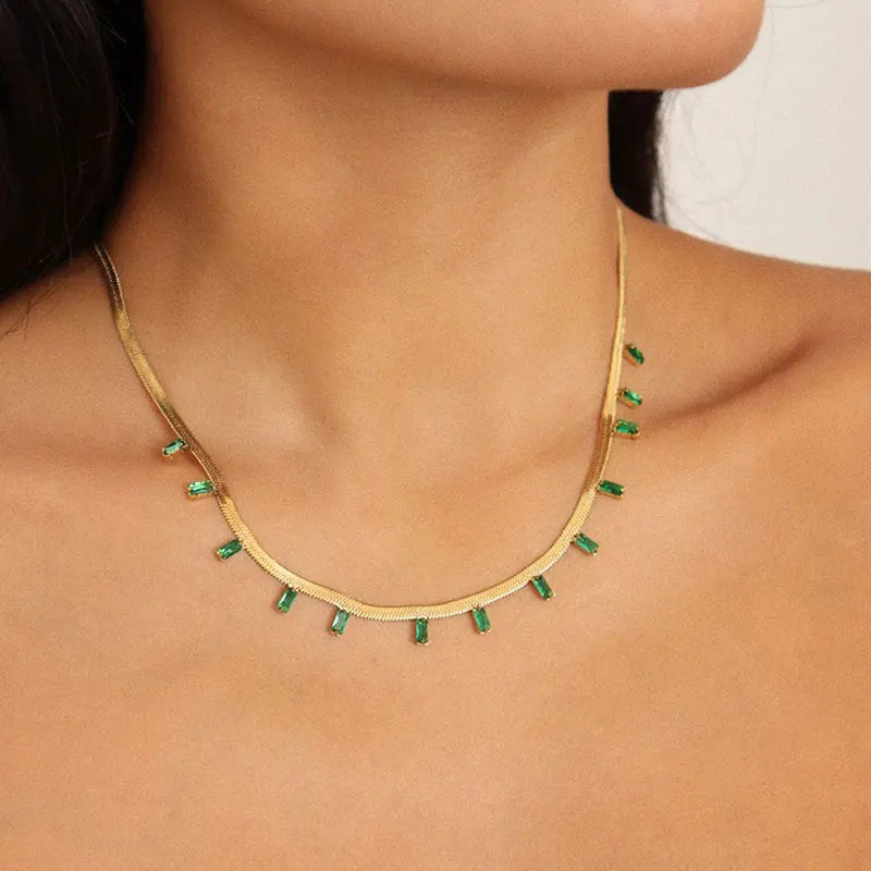 14K Gold Plated Green Zircon Snake Chain Tarnish Free Necklace for Women