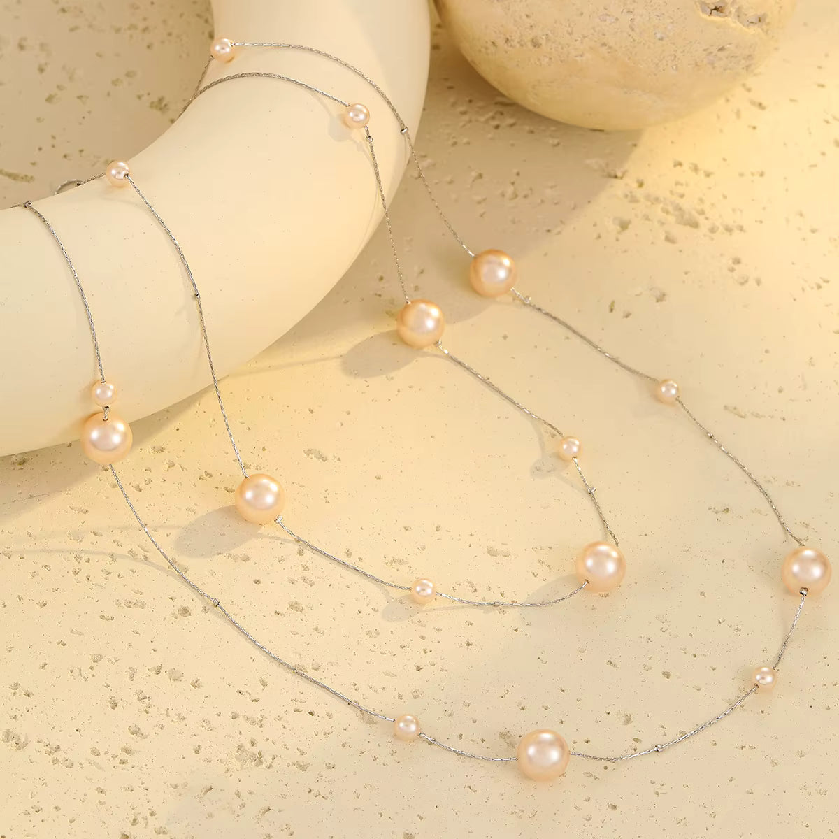 Gold Stainless Steel Pearl Beaded Necklace, Double Layer Chains