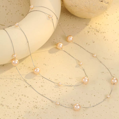 Load image 1 in gallery view. Gold Stainless Steel Pearl Beaded Necklace, Double Layer Chains