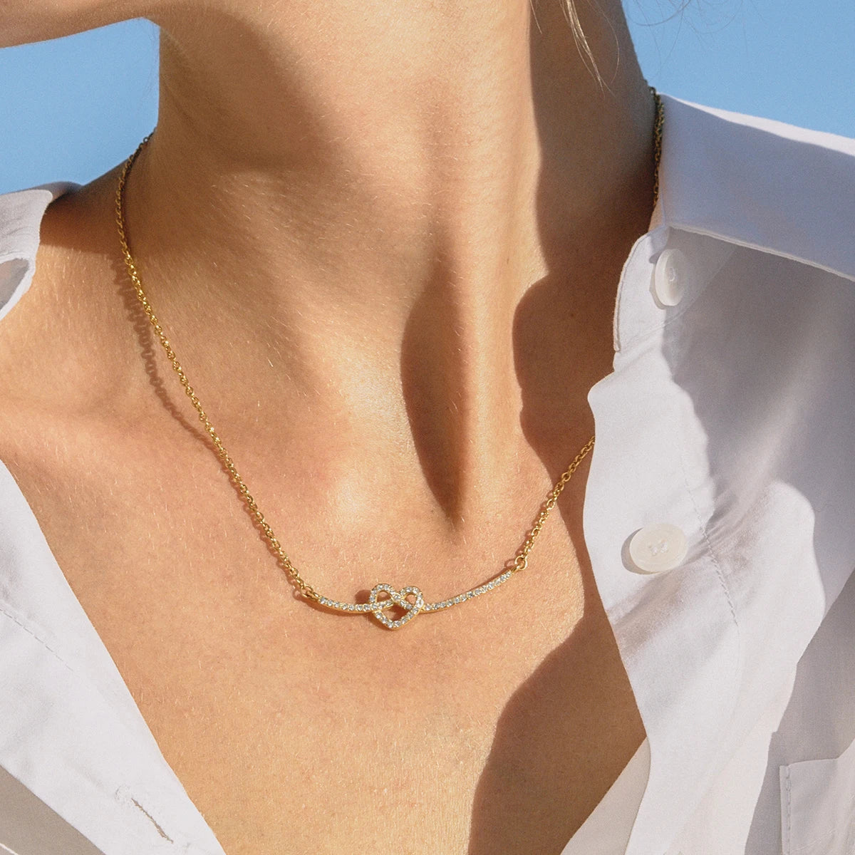 18K Gold Plate Stainless Steel White Rhinestone Eternal Love Heart Knot Smile Face Necklace