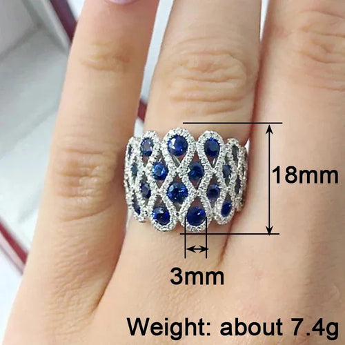 Load image 1 in gallery view. Dainty Geometric Hollow Design Inlaid Blue Zircon Wide Rings for Women Engagement Silver Color Plated Jewelry Rings