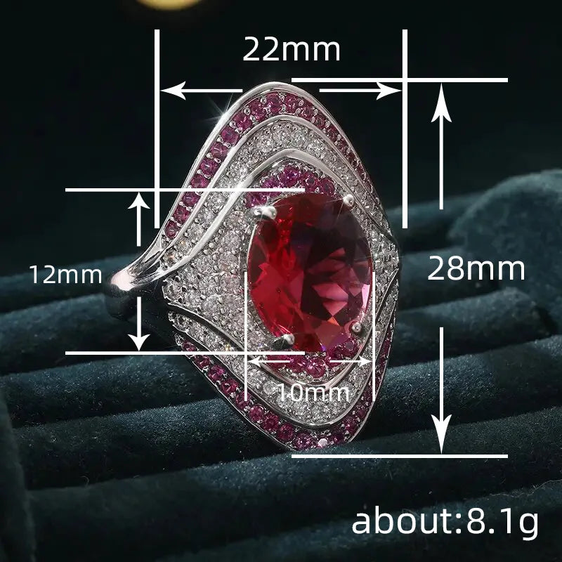 Silver Plated Exquisite Oval Shaped Design Red/Pink Brilliant Cubic Zirconia Wide Rings