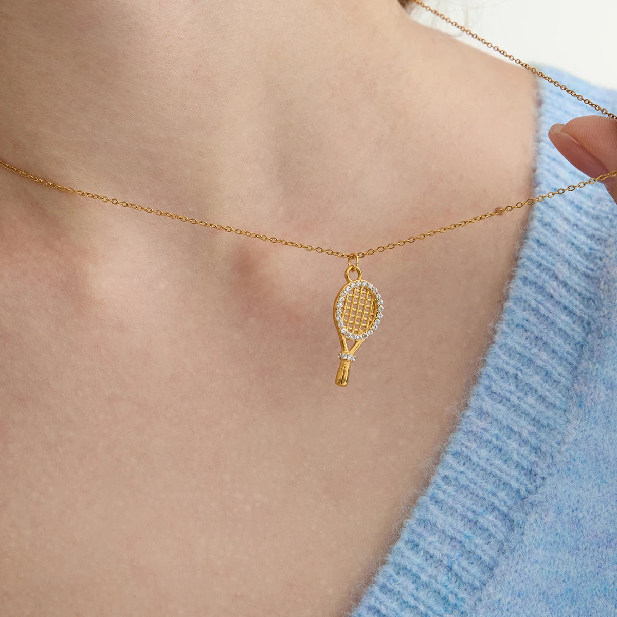 18K Gold Plated Necklace Classic White Zircon Tennis Racket Pendant Necklace for Women and Kids