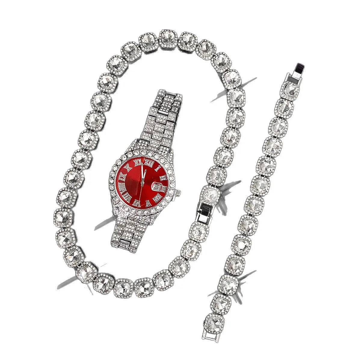 Quartz Movement Red Diamond Watch Sugar Bracelet Necklace Three-piece Set