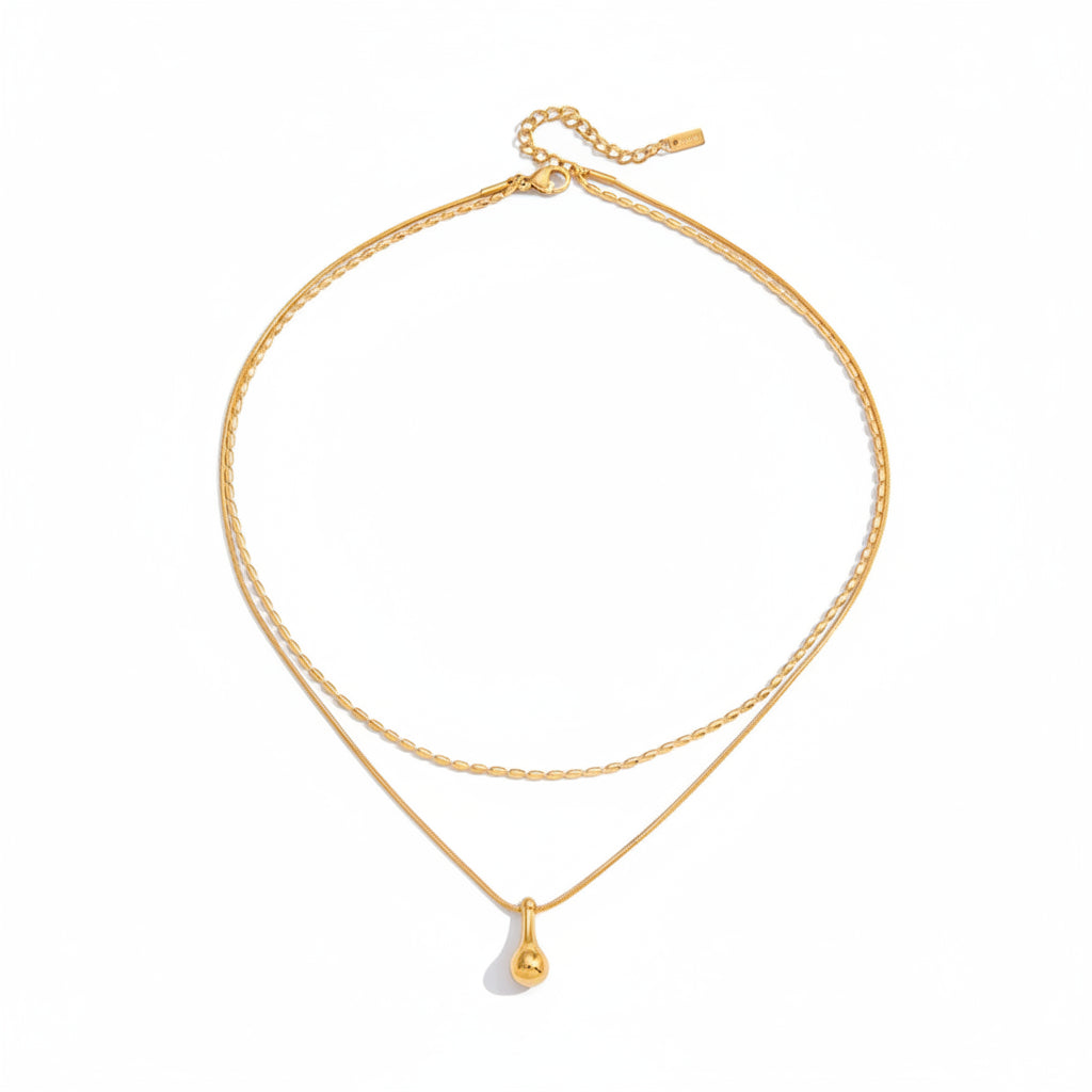 Waterproof Stainless Steel 18K PVD Gold Plating Double Layers Oval Bead String Chain Teardrop Pendant Necklace