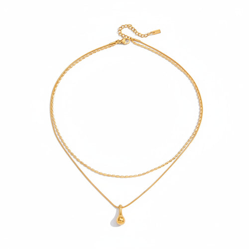 Load image 1 in gallery view. Waterproof Stainless Steel 18K PVD Gold Plating Double Layers Oval Bead String Chain Teardrop Pendant Necklace