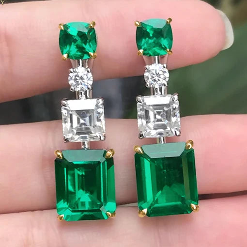 Emerald Gemstone Zircon Earrings Noble Green Rectangle Silver Dangle Earrings Women