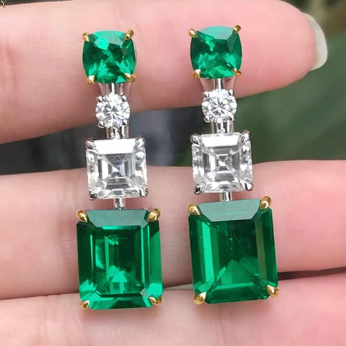 Load image 1 in gallery view. Emerald Gemstone Zircon Earrings Noble Green Rectangle Silver Dangle Earrings Women