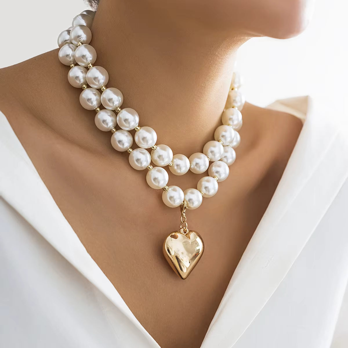 Big Beaded Collar Geometric Type Clavicle Chain Gold Heart pearl Necklace