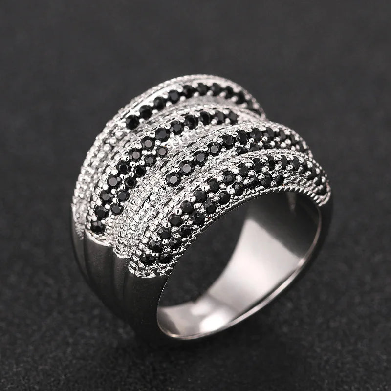 Silver Plated Multi Layers Sparkling White/Black Zircon Rings Wedding for Women