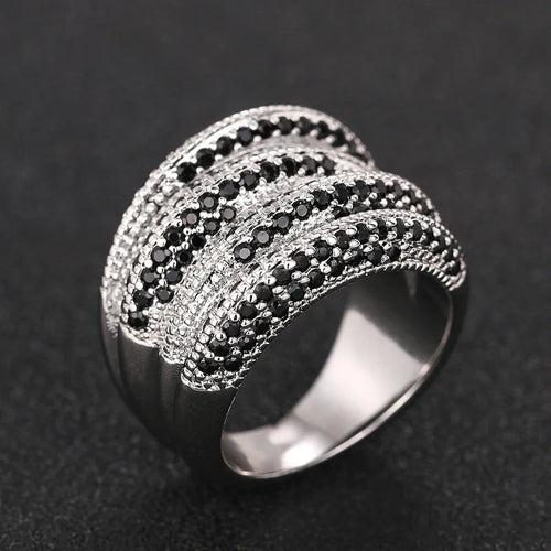Load image 1 in gallery view. Silver Plated Multi Layers Sparkling White/Black Zircon Rings Wedding for Women