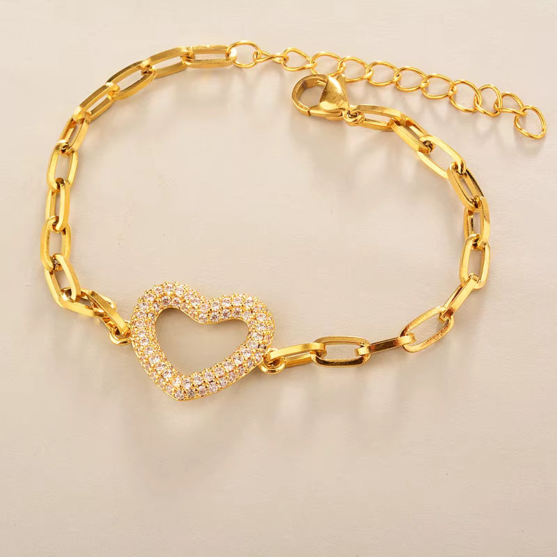 Heart Shape Zircon Bracelet Gold Plated Stainless Steel Fashion Jewelry