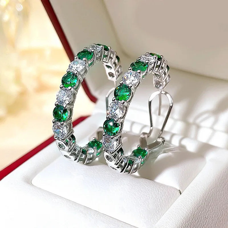 Blue/Green Crystal Cubic Zirconia Circle Hoop Earrings for Women Bridal Wedding Party Silver Plated Hoop Earrings