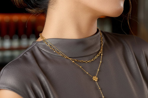 Load image 1 in gallery view. 18K Gold Plated Necklace Classic Four-leaf Clover Bead Zircon Y-shaped Necklace