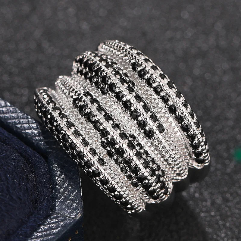 Silver Plated Multi Layers Sparkling White/Black Zircon Rings Wedding for Women