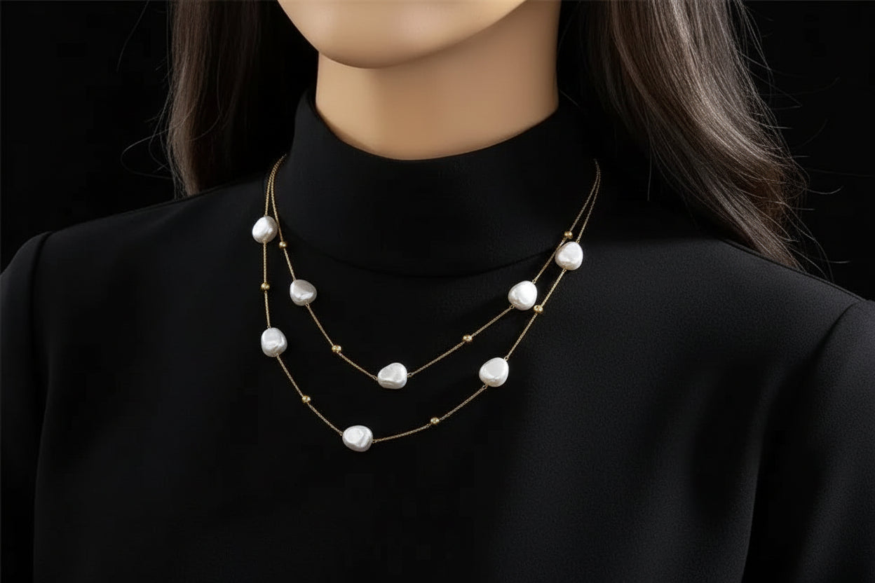 Double Layered Simulated Baroque Floating Multiple Pearl Necklace