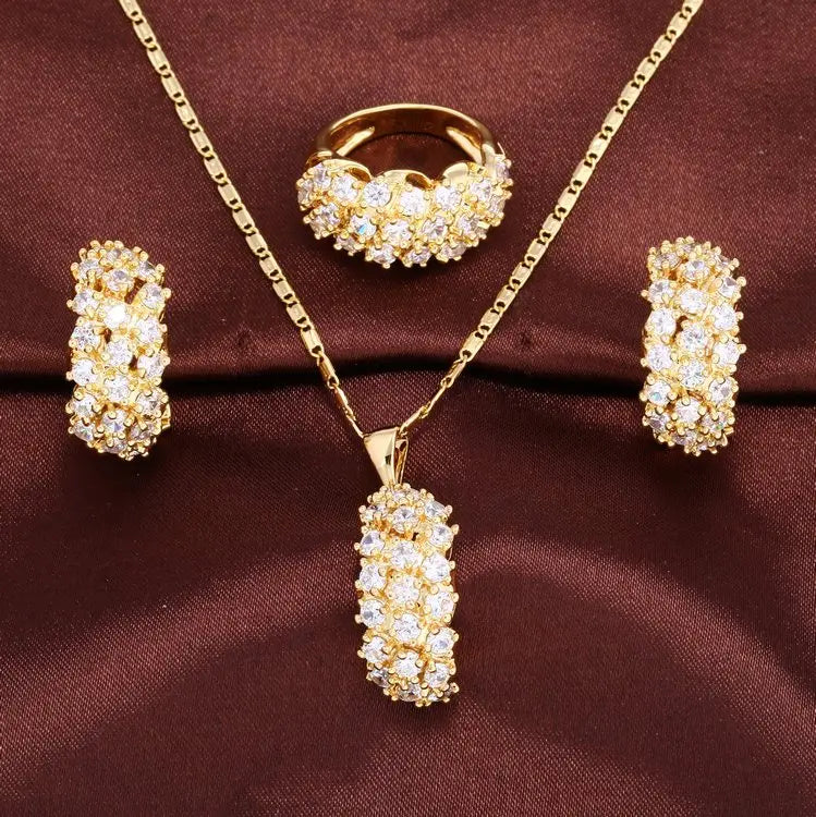 18k Gold Plated Cubic Zirconia Rings Earring Necklaces Jewelry Sets in 4 Colors Gold, White, Purple, Champagne