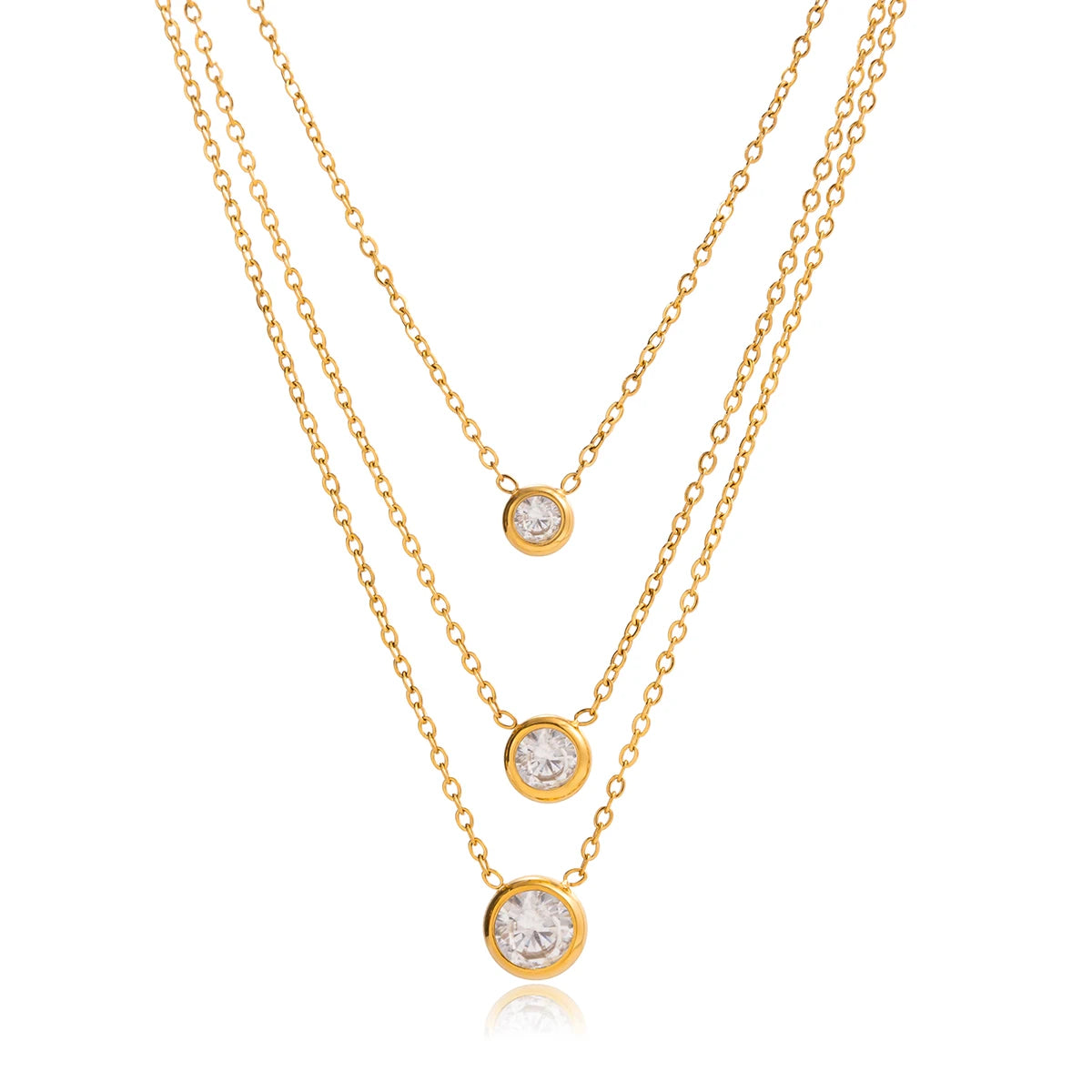 18K Gold Plated Classic Round White Zircon Pendant O-Chain Three-Layer Necklace