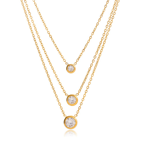Load image 1 in gallery view. 18K Gold Plated Classic Round White Zircon Pendant O-Chain Three-Layer Necklace