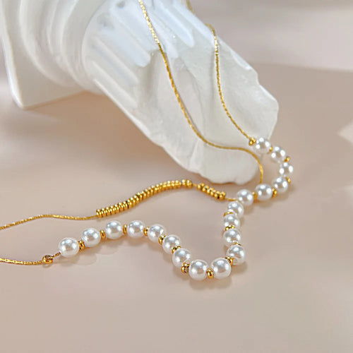 Load image 1 in gallery view. 18K Gold Plated  Double Layers Stacked Pearls Collarbone Chain Drop Necklace