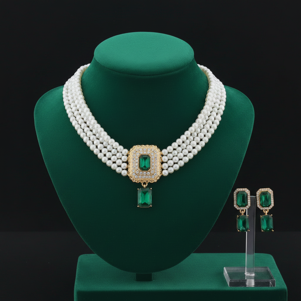 Gold Plated Pearl Big Green Crystal Rhinestone Stud Earring and Necklace For Women Party