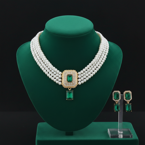Load image 1 in gallery view. Gold Plated Pearl Big Green Crystal Rhinestone Stud Earring and Necklace For Women Party