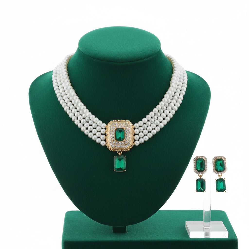 Gold Plated Pearl Big Green Crystal Rhinestone Stud Earring and Necklace For Women Party