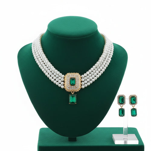 Load image 1 in gallery view. Gold Plated Pearl Big Green Crystal Rhinestone Stud Earring and Necklace For Women Party