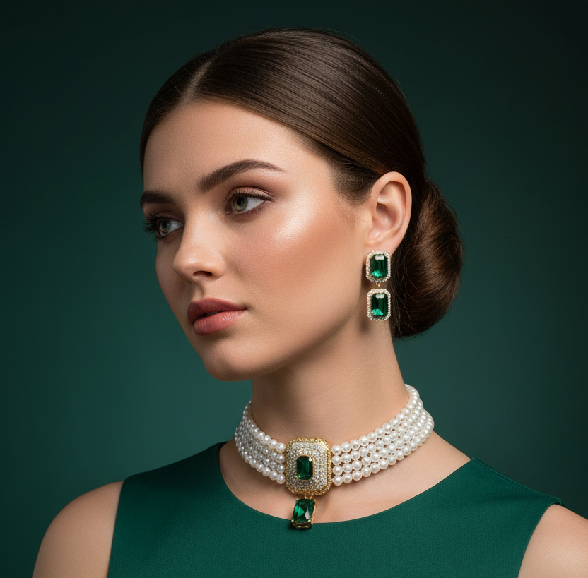 Gold Plated Pearl Big Green Crystal Rhinestone Stud Earring and Necklace For Women Party